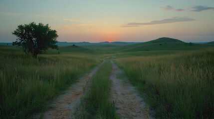 Fototapeta premium Sunset Prairie Road, Serene Landscape, Grassland Path
