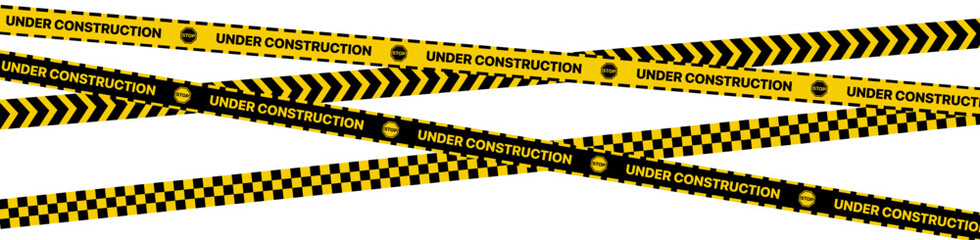 Under construction page. Caution yellow tape construct warning line background sign web page security caution.  Seamless Design with Included Brushes	