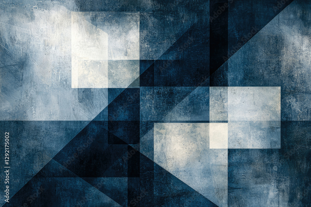 Poster abstract geometric art with shades of blue and white, featuring overlapping shapes and textured back