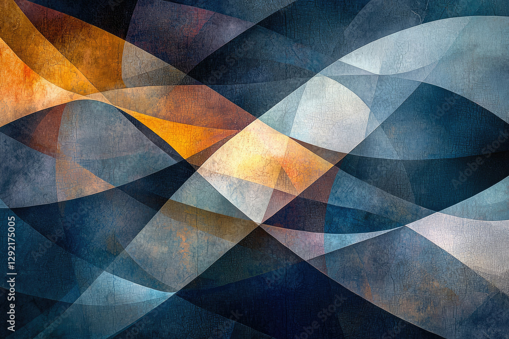 Poster Abstract artwork featuring overlapping, textured shapes in blues, grays, and oranges, creating a dynamic composition.