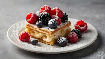 Pastry with fresh berries and cream, sweet dessert on white plate, delicious food photo