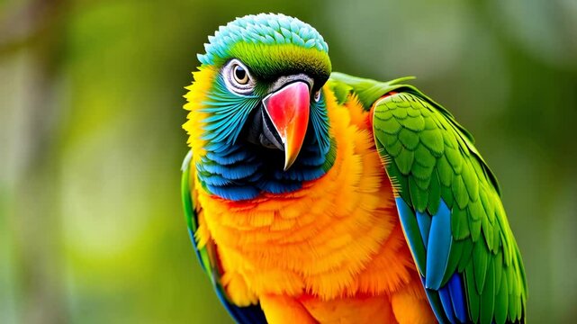 Colorful Parrot Portrait with Vibrant Plumage and Detailed Feathers on Soft Green Background Optimized for Avian Themes