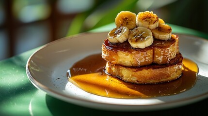   A plate of banana-topped food with syrup drizzled on one side is shown in this close-up image