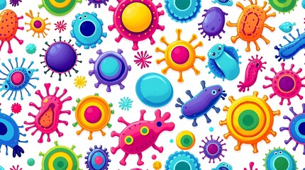 Fototapeta premium Vibrant Microbes: A colorful illustration showcases a variety of animated, microscopic organisms, highlighting the diversity and beauty of the unseen world, promoting the exploration of microbiology.
