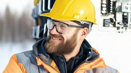 Happy electrician in a hard hat Maintenance and safety concept Bearded professional engineer