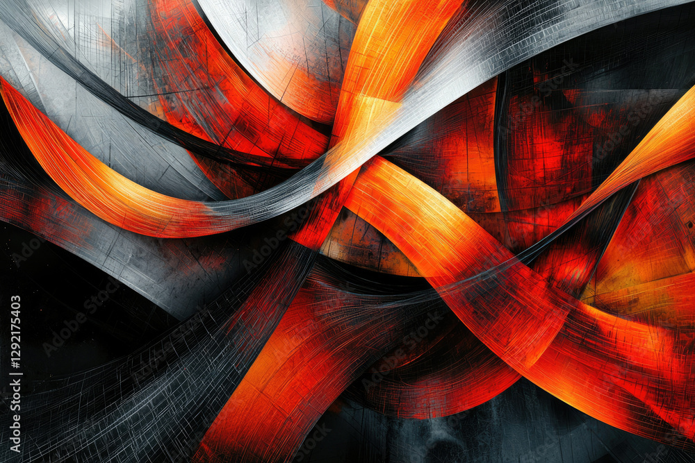 Poster abstract artwork featuring dynamic, interwoven strokes of fiery orange and cool grey, creating a sen
