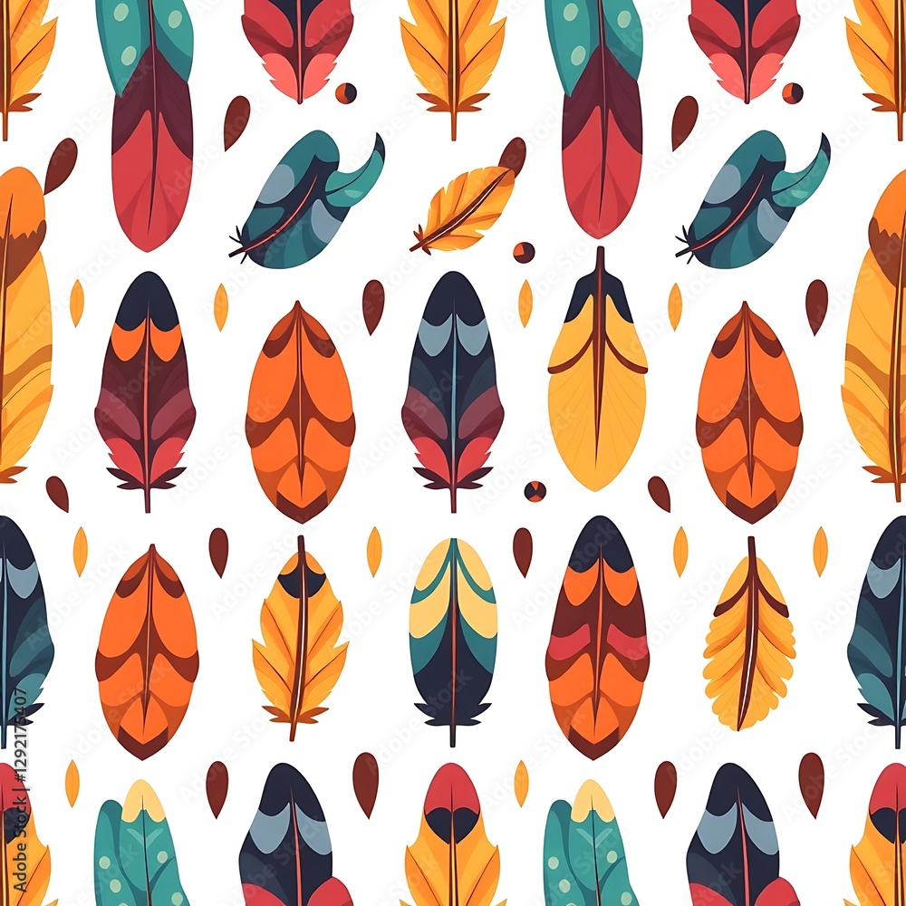 Poster colorful feather pattern: a vibrant and intricate pattern featuring a variety of colorful feathers a