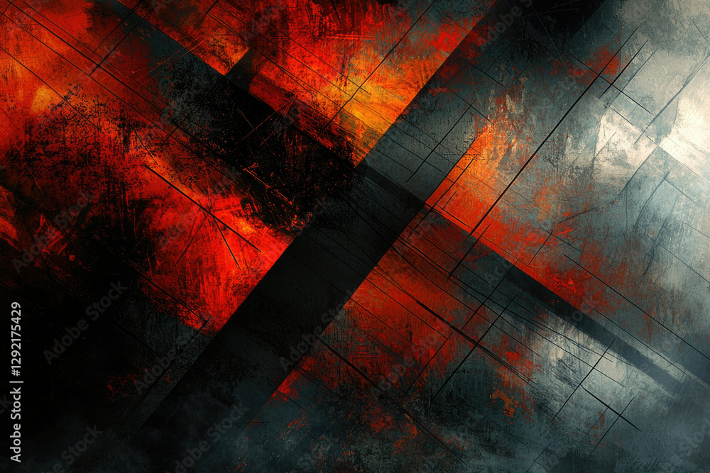 Poster Abstract artwork with intersecting lines and fiery red and dark gray hues creating a dynamic and intense visual experience.