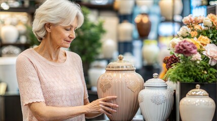 Elderly woman admiring decorative urns in floral shop
