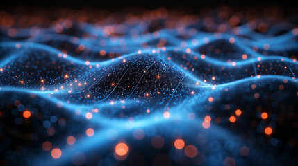 Abstract background of magnetic waves with luminous particles. Blue-blue dark light.