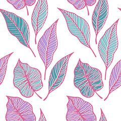 Leaf with vein floral vector seamless pattern. Nature doodle wallpaper. Tree plant foliage skeleton illustration. Modern leaves herbal endless ornament. Ornate fabric print.