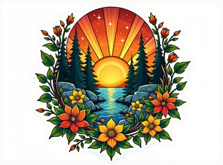Symbolic traditional tattoo art print of crisp air turning warm, sunlit landscape, nature elements, in vibrant colors, retro flair, complex ornamental, white background