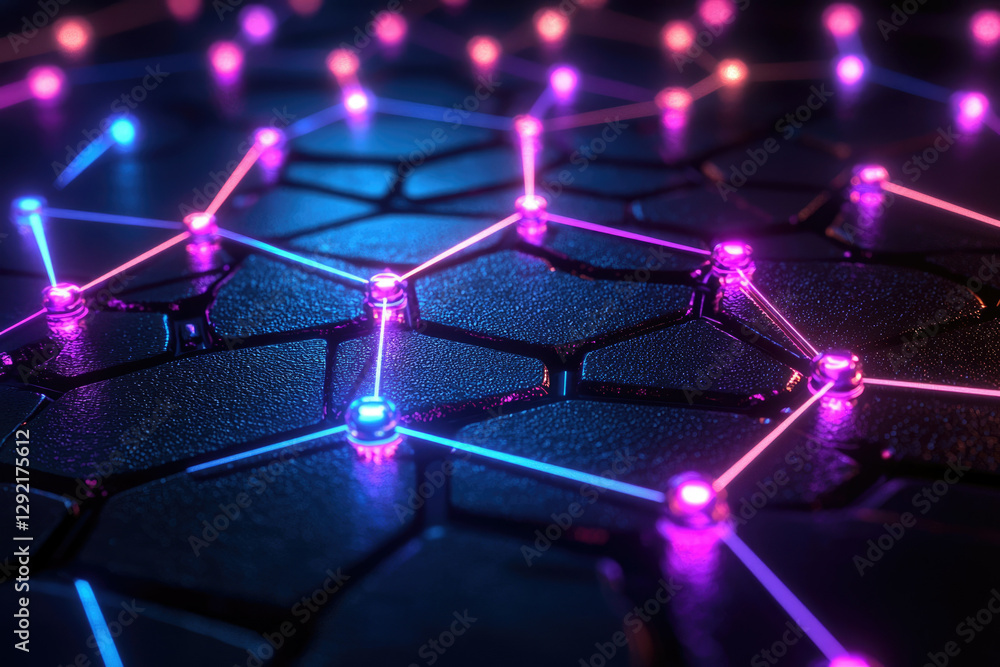 Poster Abstract representation of a network, showing interconnected nodes with glowing lines on a dark hexagonal surface.