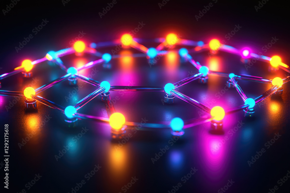 Poster neon lights form a complex interconnected network, representing digital connections and global commu