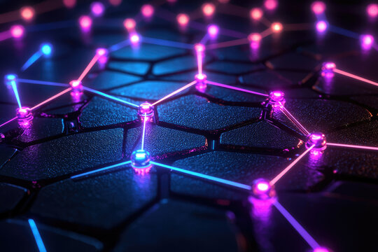 Abstract representation of a network, showing interconnected nodes with glowing lines on a dark hexagonal surface.