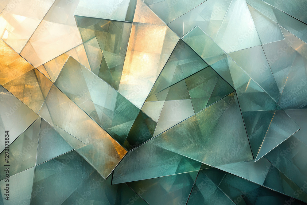 Poster abstract artwork featuring overlapping, translucent teal and gold geometric shapes creating a dynami