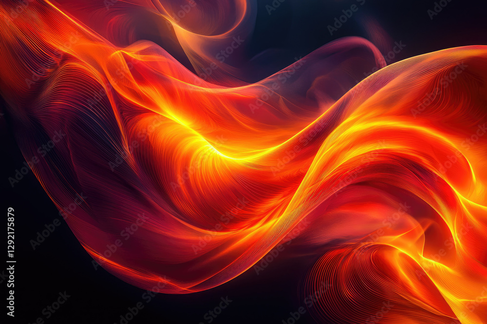 Poster abstract fiery swirls and waves, vibrant orange and red hues creating dynamic energy.