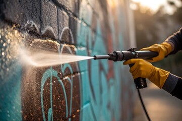 Close Up on Hands Cleaning Service Worker Removing Graffiti From Wall With Pressure Washer.	