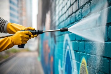 Close Up on Hands Cleaning Service Worker Removing Graffiti From Wall With Pressure Washer.	