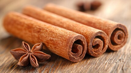 Cinnamon sticks and anise star on rustic wooden surface