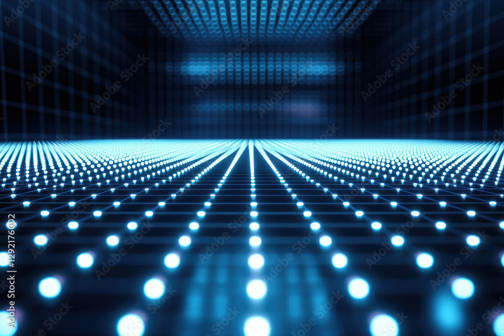Poster abstract digital grid with glowing blue nodes, converging lines creating a futuristic, technological