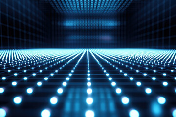 Abstract digital grid with glowing blue nodes, converging lines creating a futuristic, technological landscape.