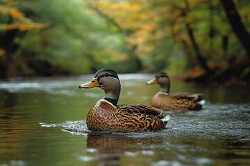 Fototapeta premium Female Mallards Swimming in Autumn Forest Stream