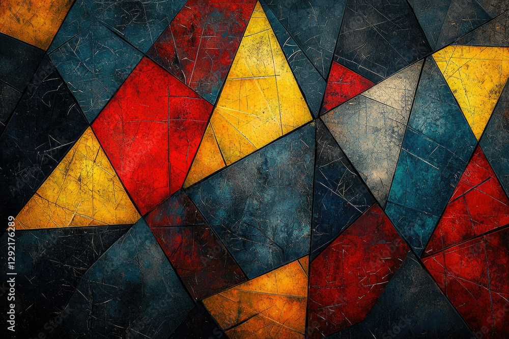 Poster abstract geometric artwork featuring red, yellow, and blue triangular shapes with a textured, scratc