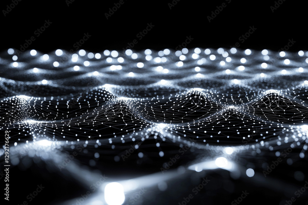 Poster abstract digital landscape, glowing nodes forming a network mesh, undulating surface in dark backgro