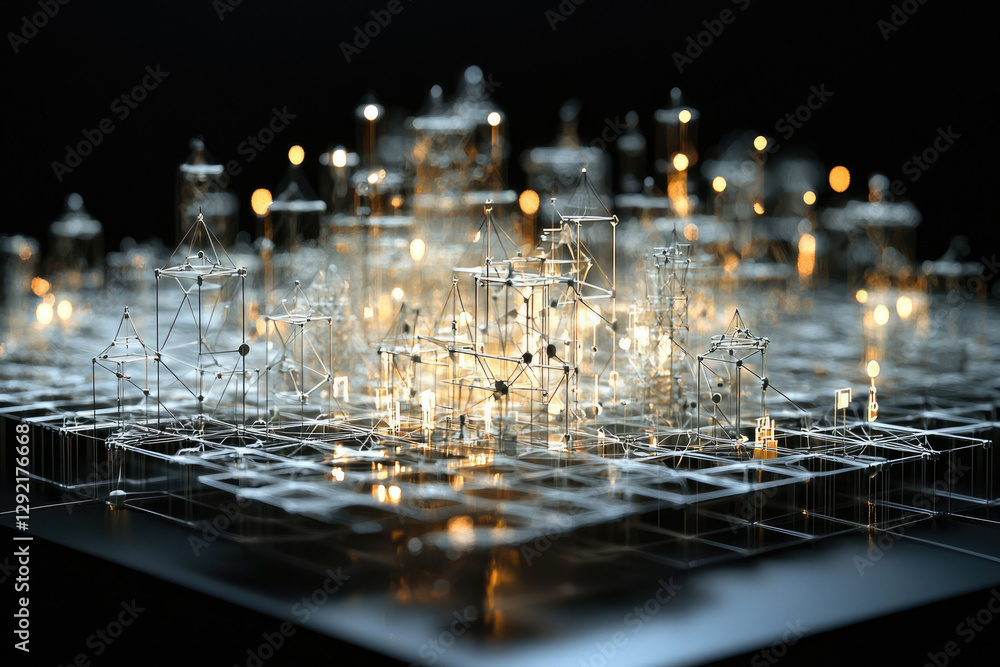 Poster abstract cityscape of interconnected nodes and glowing lights, representing digital network or futur