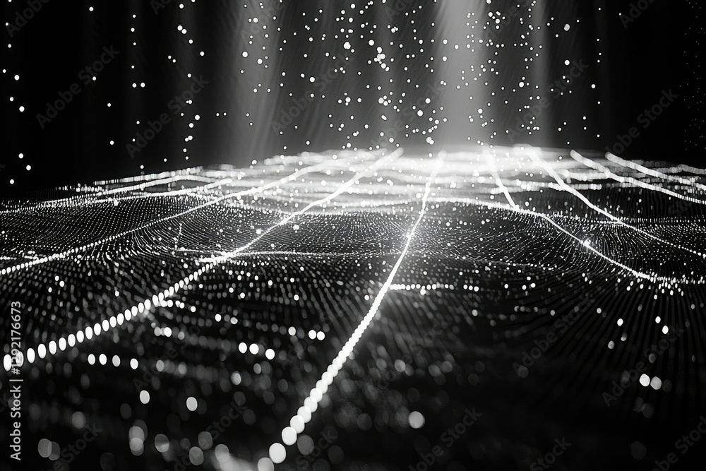 Poster Abstract digital landscape with glowing lines and particles, representing data streams and network connections.