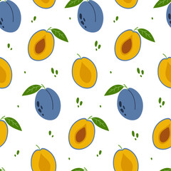 Plum seamless pattern. Whole and halves of fruits with leaves and pits on white background. Vector illustration. Hand drawn design for fabric print, wallpaper, paper, interior decor and more.