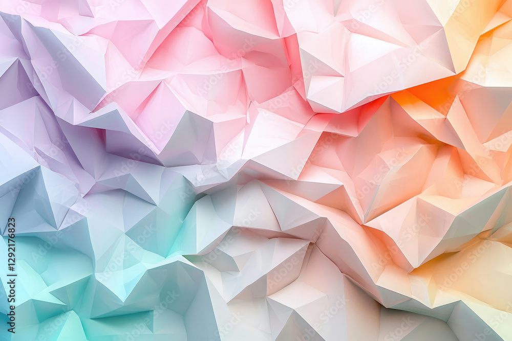 Poster abstract pastel-colored polygonal shapes create a textured, crumpled paper-like effect.