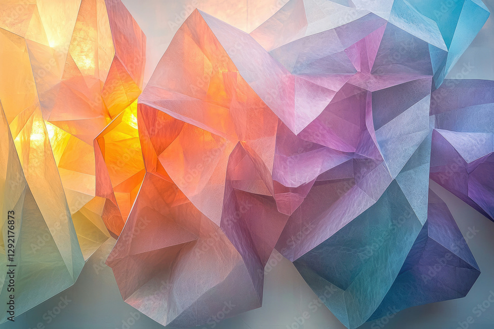 Poster abstract art of translucent, pastel-colored paper forms creating a dynamic, geometric composition.
