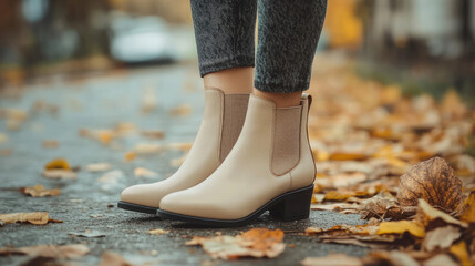 beige Trendy boots. fashion female shoes still life. stylish chelsea boots
