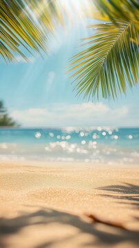 Abstract blurred background featuring a tropical beach scene with sunlight rays Golden sand clear water and palm leaves under a bright sky create a summer vacation vibe Copy space available