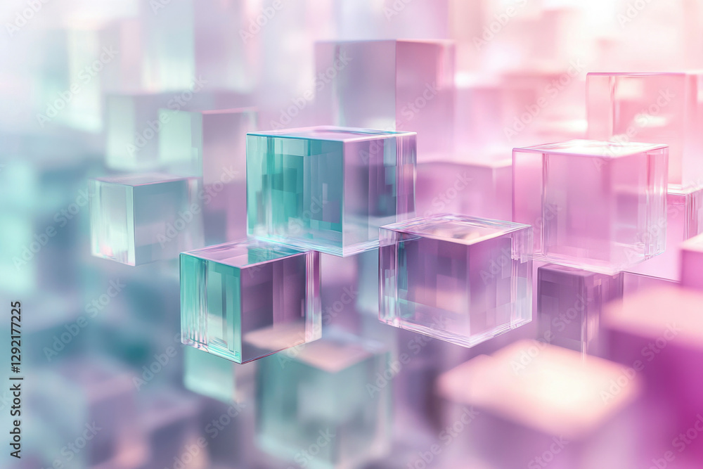 Poster Abstract image of translucent pastel cubes arranged in a layered, three-dimensional structure.