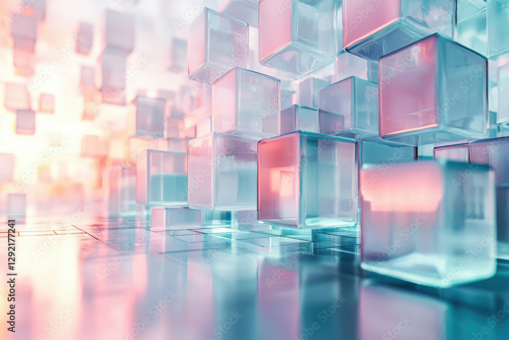Poster abstract 3d rendering of translucent cubes in pink and blue hues, creating a futuristic, dreamy atmo