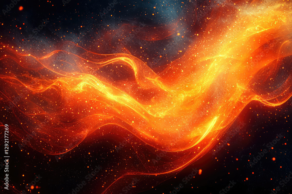 Poster fiery, cosmic waves flow through a dark, starlit space, creating a vibrant and energetic abstract ar