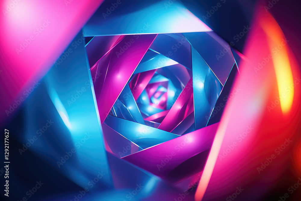 Poster Abstract 3D rendering of vibrant pink and blue glowing geometric shapes forming a mesmerizing tunnel-like structure.