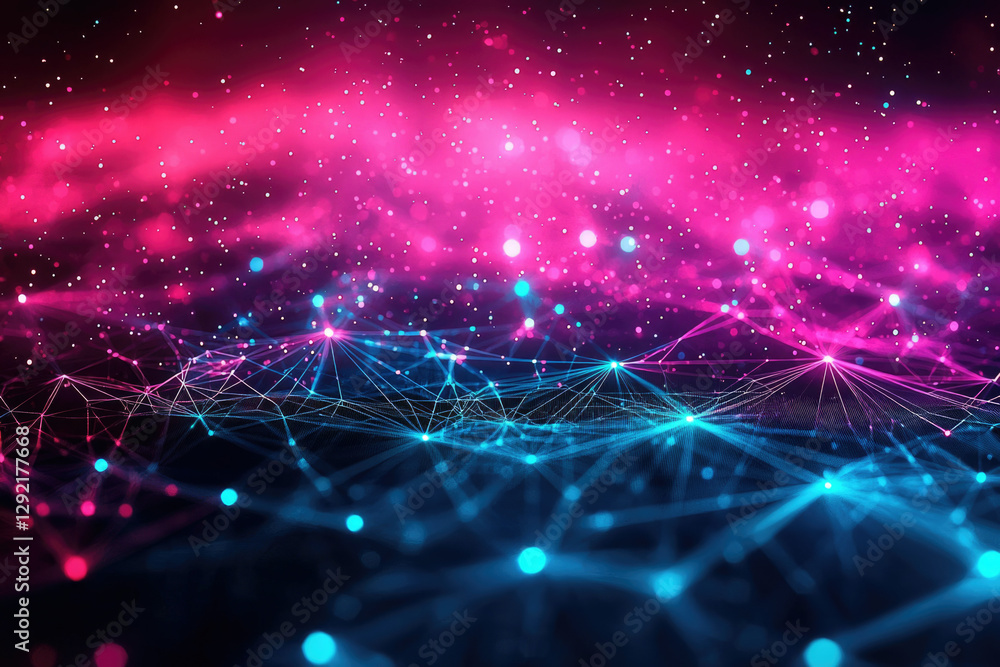 Poster abstract digital network connection, glowing pink and blue nodes linked by lines, forming a futurist