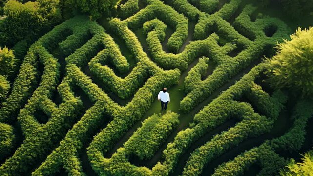 A solitary figure navigates through a sprawling green maze filled with intricate pathways and tall hedges, symbolizing life choices