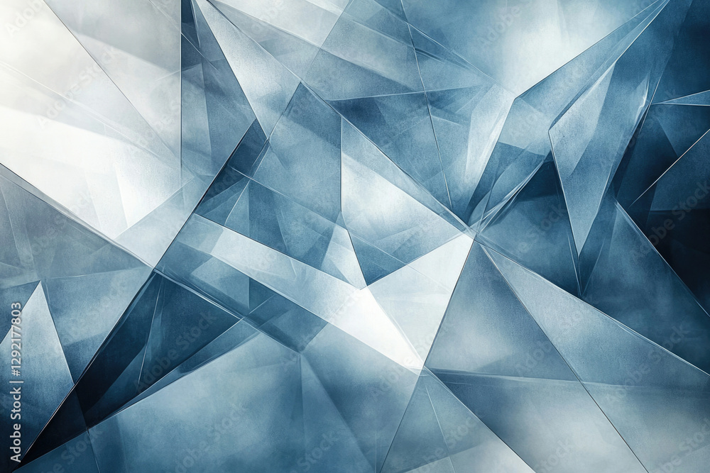 Poster abstract polygonal art with shades of blue and grey, creating a sense of depth and geometric texture