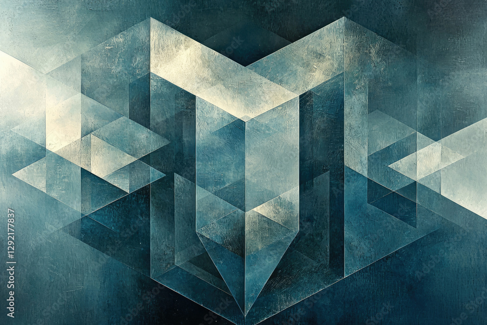 Poster Abstract geometric art featuring overlapping translucent teal and beige triangles and cubes creating a sense of depth and dimension.