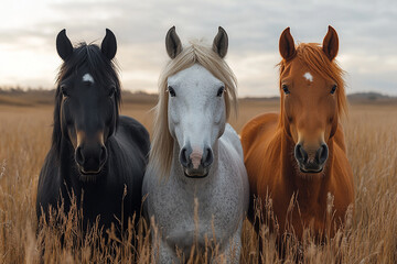 Equine Trio, Harmonious horses portrait in golden field's embrace