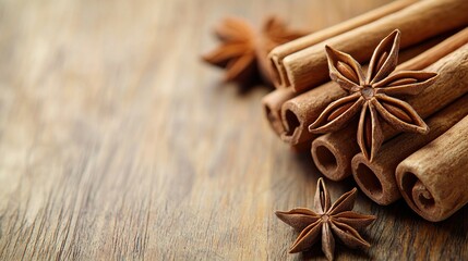 Fototapeta premium Cinnamon sticks and star anise on wooden table, food styling