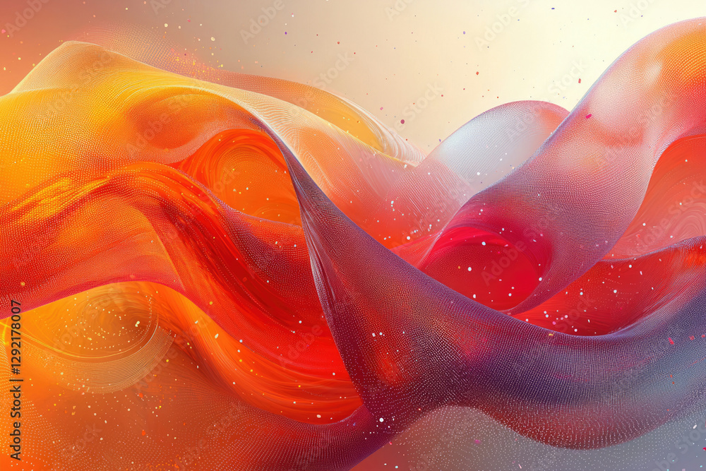 Poster Abstract artwork depicting flowing, vibrant red and orange fabric-like forms with subtle white speckles, creating a dynamic and ethereal visual.
