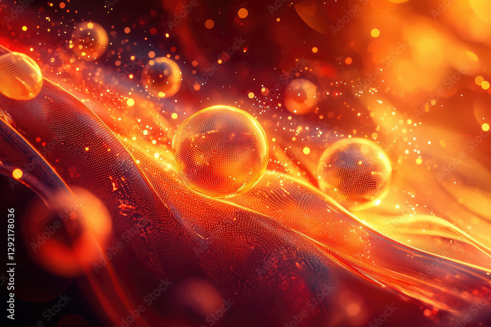 Aufkleber abstract fiery orange spheres floating on a glowing, dynamic wave of particles.