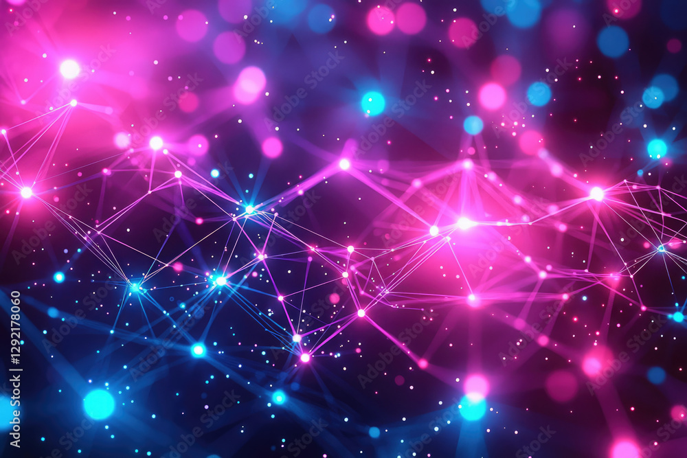Poster Abstract network connection, glowing pink and blue nodes linked by lines, digital technology concept.