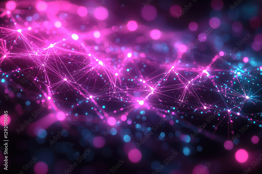 Poster Abstract digital network connection with glowing pink and blue nodes and lines.  Represents data flow and technology.